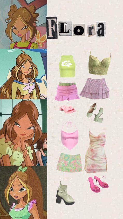 #flora #winxclub #outfits #winxflora #moodboard #y2k #myfirstshuffle Wind Club Flora Outfit, Flora From Winx Club Costume, Winx Club Outfits Flora, Flora Outfits Ideas, Flora Winx Club Aesthetic Outfit, Winx Flora Outfits, Flora Inspired Outfits, Flora Winx Club Outfit, Flora Winx Club Aesthetic