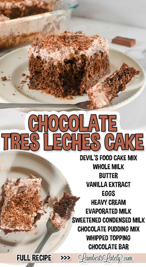 Make a Chocolate Tres Leches Cake with a boxed cake mix - it's easy and so delicious! Rich chocolate cake soaked in three milks, then topped with chocolate whipped cream and chocolate curls. Chocolate Tres Leches, Chocolate Tres Leches Cake, Doctored Cake Mix Recipes, Chocolate Cake Mix Recipes, Box Cake Recipes, Tres Leches Cake Recipe, Devils Food Cake Mix Recipe, Leches Cake, Chilled Desserts