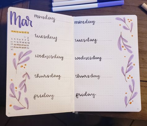 March Bujo Weekly Spread, Bujo Purple Theme, Lavender Bullet Journal Theme, Purple Bullet Journal Theme, Bujo Purple, Bee Bujo, Work Bullet Journal, March Weekly Spread, Purple Bullet Journal