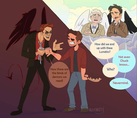 Supernatural/Good Omens. Good Omens Marvel Crossover, Castiel And Aziraphale, Vampire Crowley X Priest Aziraphale, Crowley And Aziraphale, Supernatural Crossover, Supernatural Drawings, Destiel Fanart, Supernatural Comic, Supernatural Imagines