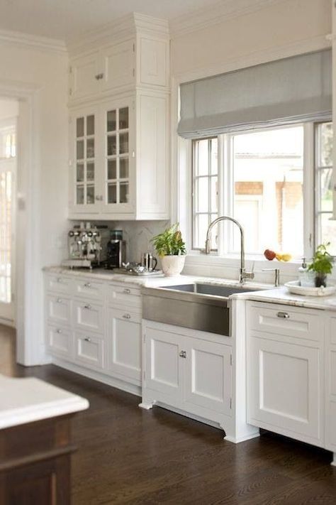 White kitchen and sink, white cabinets with gray countertop by bridgette.jons Kitchen Redo, Kitchen Reno, Style At Home, Farmhouse Sink, Kitchen Remodel Idea, White Cabinets, Home Fashion, Beautiful Kitchens, 인테리어 디자인