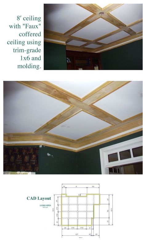 Faux Coffered Ceiling, Small Basement Kitchen, Ceiling Remodel, Ceiling Trim, Ceiling Treatments, Basement Design Ideas, Kitchen Ceiling, Living Room Ceiling, Basement Renovations