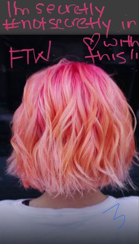 Colorful Bob Hairstyles, Red Pink Hair Short, Pink And Coral Hair, Pastel Sunset Hair, Pink Roots Hair, Short Vibrant Hair, Hot Pink Hair Ideas, Pink Multicolor Hair, Colorful Bob Hair