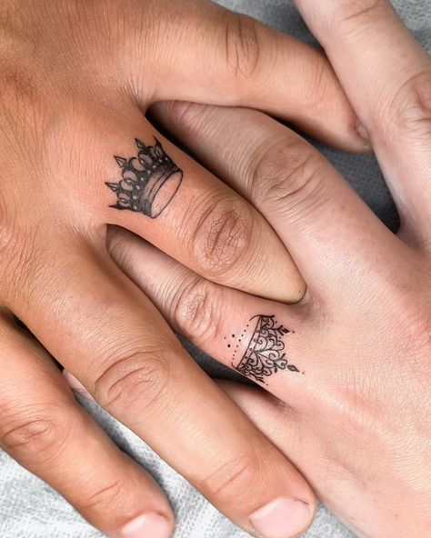 30 Crown Tattoo Ideas to Let the World Know You're Pure Royalty | Get inspired by these creative crown tattoos fit for kings and queens! Lifestyle Finger Tattoos Matching, Simple Crown Tattoo, Crown Finger Tattoo, King Crown Tattoo, Queen Crown Tattoo, Crown Tattoos, Tattoos Matching, Cute Finger Tattoos, Piece Tattoo