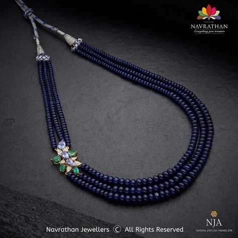 Precious Beads Jewellery Indian, Blue Beads Indian Jewellery, Navrathan Jewellers, Ruby Necklace Designs, Fashion Jewelry Necklaces Gold, Coloured Gemstones, Gold Pearl Jewelry, Beads Collection, Fancy Jewelry Necklace