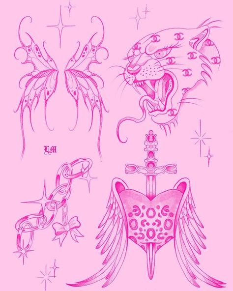 Baddie Tattoo Flash Sheet, Baddie Flash Tattoos, Girly Traditional Tattoo Flash, Girly Leg Tattoos, Chicano Flash Art, Hot Pink Tattoo, Cool Flash Tattoos, Tattoo Branding, Flash Tats