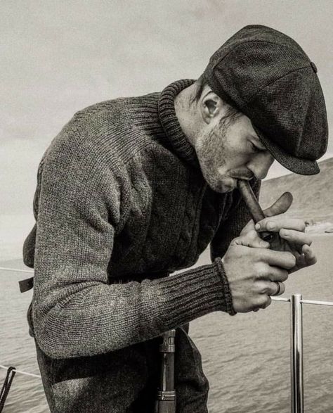 Flat Cap Men Outfit, Flat Cap Men, Heavy Knit Sweater, Masculine Style, Its A Mans World, Mens Fashion Rugged, On A Boat, Poses References, Heavy Knit