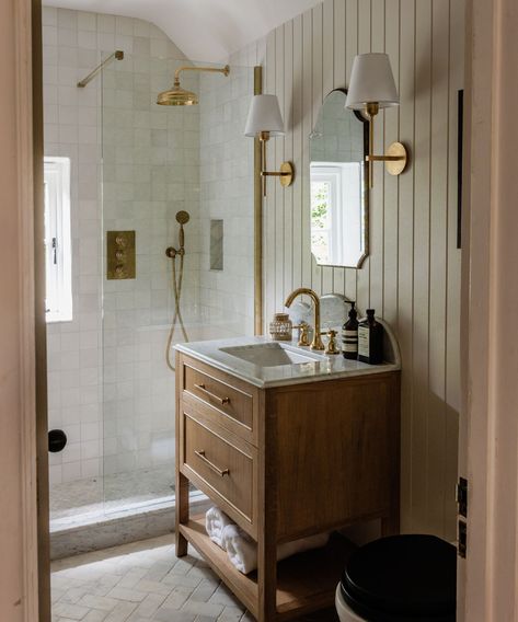 Dutch Colonial Bathroom Remodel, Bathroom With Small Vanity, Small Wooden Vanity Bathroom, Small Organic Bathroom Ideas, Small Cottage Ideas Interior, Bathroom With Antique Vanity, Closet Turned Bathroom, Small Bathroom Renovations Master, Small Three Piece Bathroom