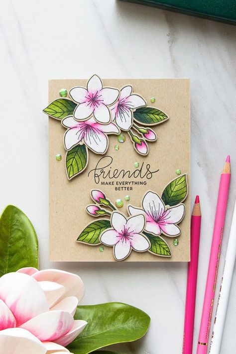 Pretty Pink Posh | Cherry Blossoms Friendship Card. Photo Tutorial by Yana Smakula #prettypinkpost #stamping #polychromos #coloring #adultcoloring #friendshipcard Kraft Cards, Yana Smakula, Pola Macrame, Layered Cards, Friend Cards, Pretty Pink Posh, Friendship Cards, Card Tutorials, Pretty Cards