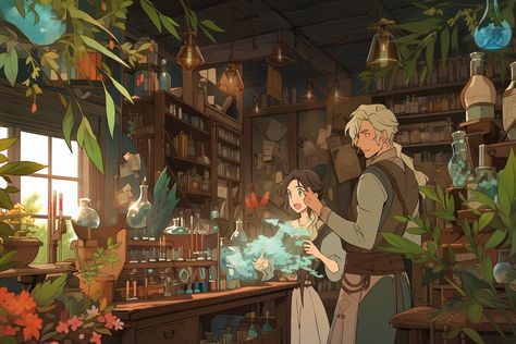 Magical Places Art, Witch Shop Illustration, Witch Shop Art, Magic Shop Concept Art, Fantasy Kitchen Art, Fantasy Kitchen Concept Art, Potion Maker Character Design, Fantasy Shop Art, Witch Room Drawing