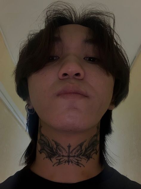 Grunge Neck Tattoos Women, Butterfly Throat Tattoo Men, Butterfly Front Neck Tattoo, Tattoos Neck Mens, Emo Neck Tattoos, Front Of The Neck Tattoos, Patchwork Neck Tattoo, Alt Neck Tattoos, Butterfly Neck Tattoo Men