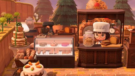 omashu's little bakery in animal crossing new horizons Acnh Bakery Stall Designs, Merengues House Acnh, Bakery Stall Animal Crossing, Dessert R & D Dept Animal Crossing, Animal Crossing Food Market, Food Court Animal Crossing, Acnh Bakery Designs Outside, Covered Counter Animal Crossing, Acnh Snack Area