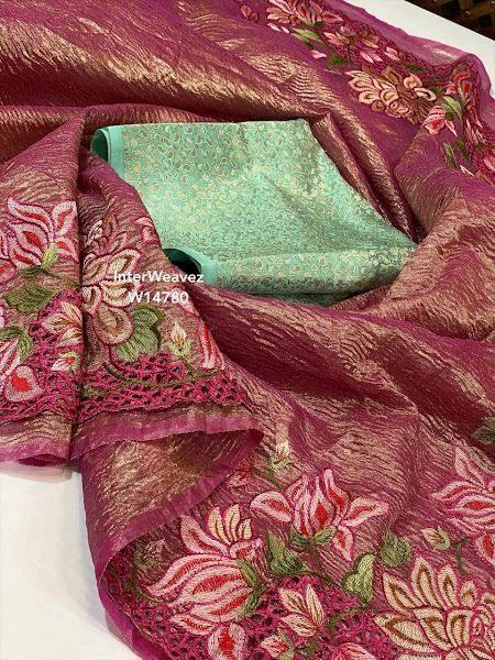 Trending crushed premium tissue by tissue saree Crush Tissue Saree, Crushed Tissue Saree, Kurti Wedding, Plain Blouse Designs, Gold Saree, Tissue Sarees, Embroidery Border, Tissue Saree, Plain Blouse