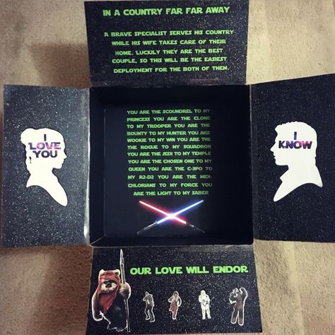 Star Wars Deployment Care Package I made for my husband Diy Star Wars Gifts, Birthday Present Diy, Diy Star Wars, Deployment Ideas, Birthday Present For Boyfriend, Birthday Present For Husband, Star Wars Valentines, Deployment Care Packages, Military Care Package