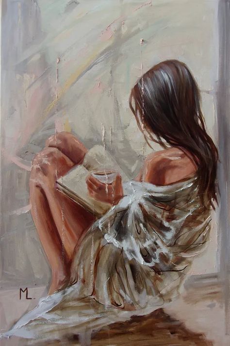 Monika Luniak, Oil Painting Woman, 2024 Art, Book Coffee, Painting Woman, Woman Reading, Angels And Demons, Painting Gift, Buy Paintings