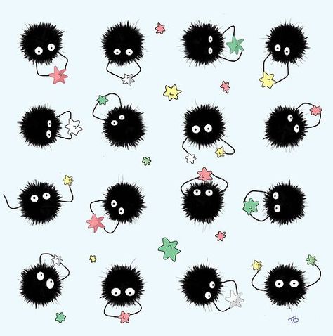 Soot Sprites And Stars, Soot Spirit Tattoo, Spot Sprite Tattoo, Soot Spirit, Studio Ghibli Tattoo, Ghibli Tattoo, Chihiro Y Haku, Soot Sprites, Ghibli Artwork