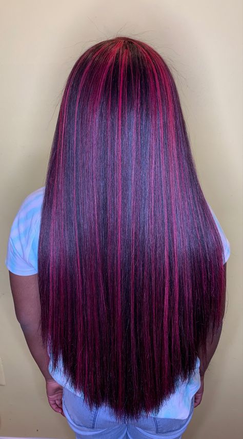 Black Hair With Coloured Streaks, Jet Black Hair With Pink Highlights, Black And Pink Highlights, Pink Highlights In Brown Hair Straight, Dracula Hair, Highlights Pink, Dark Brown With Pink, Pink Highlights On Brown Hair, Dark Brown Hair With Hot Pink Highlights