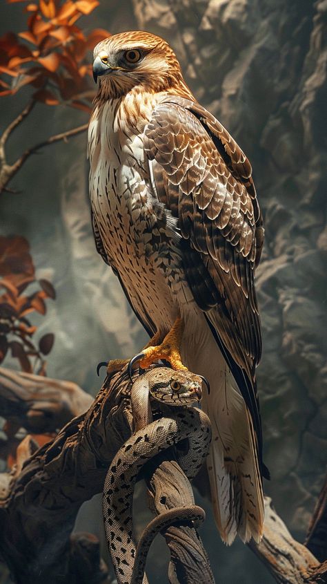 A majestic hawk perched on a branch with a coiled snake at its feet, featuring detailed feathers and an intense Dove Flying, Dragon Wolf, Animal Photography Wildlife, Jungle Birds, Red Tailed Hawk, Panda Art, Birds Of Prey, Animal Wallpaper, Nature Wallpaper