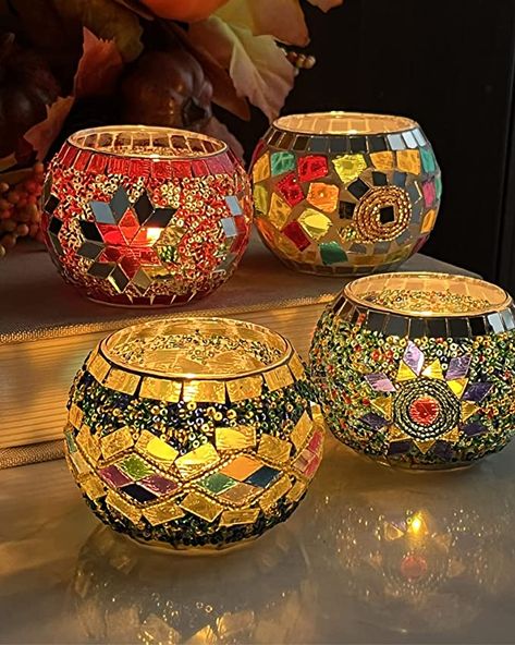 Glass Painting Designs For Diwali, Stained Glass Tealight Holder, Candle Holder Crafts, Mosaic Candle Holders, Mosaic Candle, Glass Tealight Candle Holders, Turkish Mosaic Lamp, Turkish Mosaic, Table Centerpiece Decorations