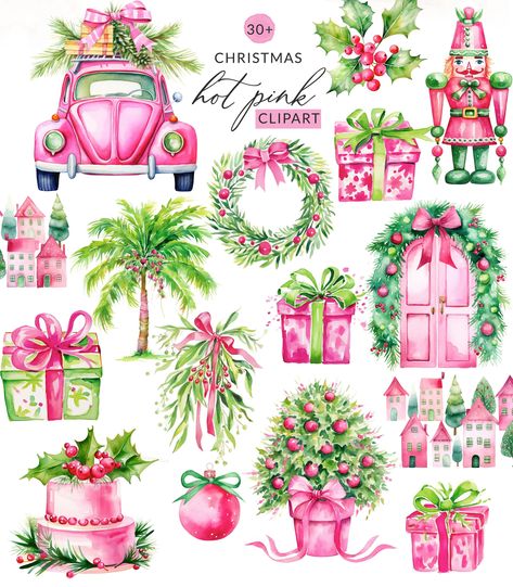 Wedding Champagne Bottles, Preppy Prints, Vintage Pink Christmas, Preppy Christmas, Christmas Trends, Coastal Christmas, Art Collage Wall, Pink Watercolor, Christmas Clipart