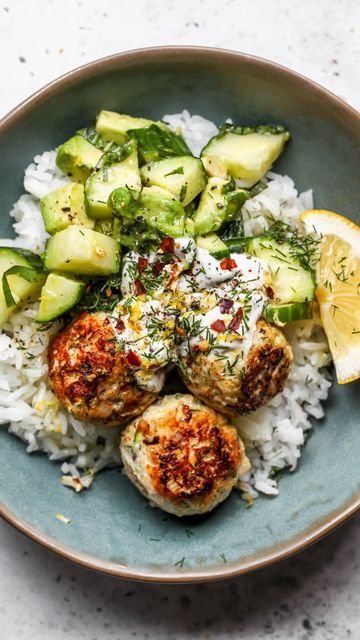 Jamie Vespa MS, RD on Instagram: "Zucchini-Feta Chicken Meatballs Bowls (FULL RECIPE BELOW). This meal was an instant hit and a great use of end-of-summer zucchini. Packed with bright, zesty flavors, and ready in right around 30 minutes.  Zucchini-Feta Chicken Meatballs Bowls SERVES 4  1 lb. ground chicken 1 medium zucchini, grated on a box grater (no need to press out excess moisture) 1/2 cup panko breadcrumbs 1/2 cup crumbled feta 1/3 cup minced yellow onion or shallots 2 Tbsp. finely chopped fresh dill (or parsley) 2 Tbsp. minced fresh jalapeño (optional) 1 tsp. lemon zest  3/4 tsp. kosher salt 3/4 tsp. garlic powder 1/2 tsp. black pepper Extra-virgin olive oil for cooking For serving: cooked white rice and tzatziki  Cucumber-Avocado Salad 1 English cucumber, diced 1 large avocado, cut Dill Chicken Meatballs, Chicken Meatballs No Breadcrumbs, Chicken Feta Meatballs, Lemon Dill Chicken, Olive Oil For Cooking, Dill Rice, Cooked White Rice, Cucumber Avocado Salad, Zucchini Feta