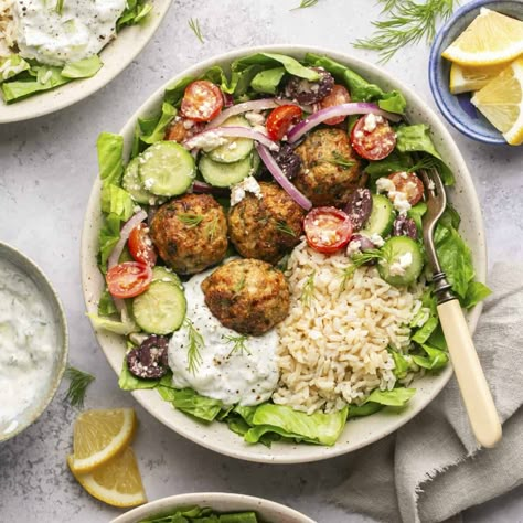 Mediterranean Chicken Meatballs with Tzatziki - Oh Snap Macros Chicken Meatball Bowls, Oh Snap Macros, Greek Chicken Meatballs, Meatball Bowls, Mediterranean Meatballs, Chicken Meatball, Homemade Tzatziki Sauce, Greek Meatballs, Homemade Tzatziki