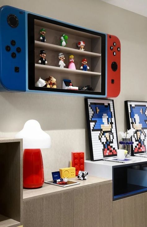 Pokemon Game Room, Pokémon Bedroom Ideas, Mario Bros Bedroom, Gaming Themed Bedroom, Nintendo Room, Gamers Room, Pokemon Bedroom, Trading Setup, Mario Room