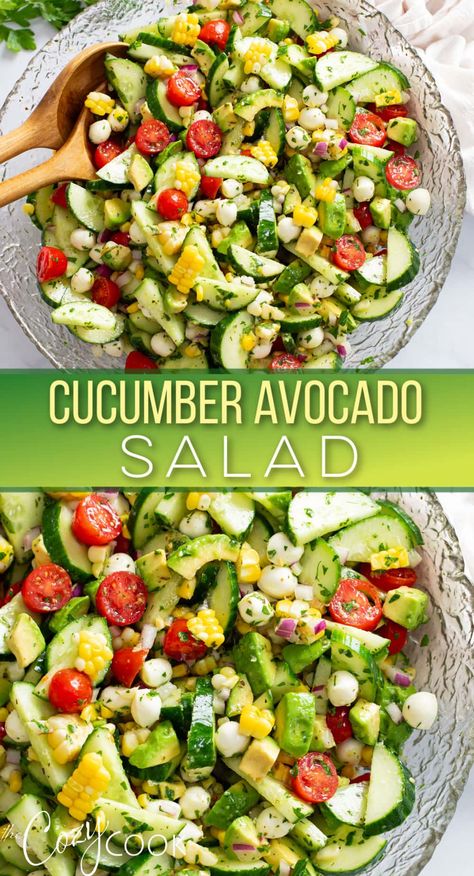 This Cucumber Avocado Salad has fresh cucumbers, avocados, tomatoes, corn, and mozzarella pearls tossed in the best homemade dressing! It makes the best summer side dish recipe for a potluck or BBQ! Cucumber Salad Low Calorie, Side Dish Salad Recipes, Bbq Party Side Dishes, Side Salads For Dinner, Fresh Cucumber Recipes, Easy Side Dishes For Bbq, Summer Salads For Bbq, Summer Side Dishes For Bbq, Best Cucumber Salad