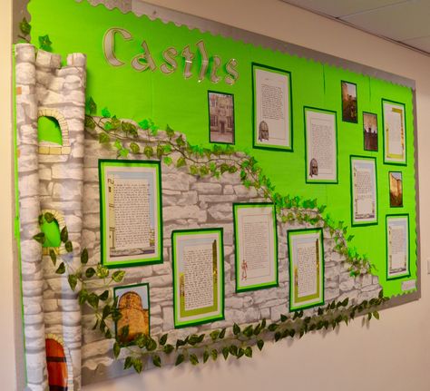 A Castles display for our Towers, Tunnels and Turrets topic. Castle Display Board, Castle Display Ks1, Eyfs Castles, Castles Eyfs, Castles Ks1, Knights And Castles Topic, Castle Theme Classroom, Castle Display, Castle Classroom