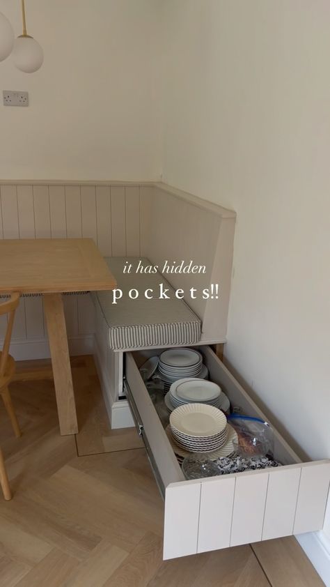 Paul & Jane ( Home Renovations | Interiors | DIY ) 📍Surrey, UK | Our DIY Dining bench houses a little surprise…! ✨ Forever in love with extra storage and bonus points when it’s hidden…🤍 The perfect… | Instagram Bench With Hidden Storage, Diy Banquette Seating With Back, Diy Dining Nook Bench, Diy Dining Bench With Storage, Diy Corner Dining Bench, Breakfast Nook Inspiration, Dining Storage Bench, Diy Dining Banquette, Ikea Banquette Seating