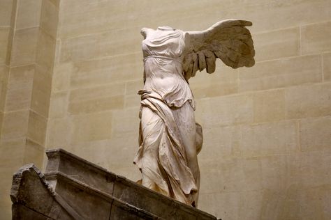 The Winged Nike of Samothrace is perhaps my favorite piece in the Louvre (although I admit, I may be partial). Nike, the Greek goddess of Victory, was a close friend of Zeus and Athena according to mythology. She would ride around in her chariot on battlefields, full of strength at lightning speeds, adorning the victors’ heads with laurel leaves (another symbol of victory).That brings me to how one of my favorite brands got its name. Did you know Phil Knight and his first few employees... #nike Nike Goddess Of Victory Tattoo, Winged Nike Of Samothrace, Zeus And Athena, Winged Nike, Victory Tattoo, Nike Of Samothrace, Nike Goddess Of Victory, Recluse Spider, Winged Victory Of Samothrace