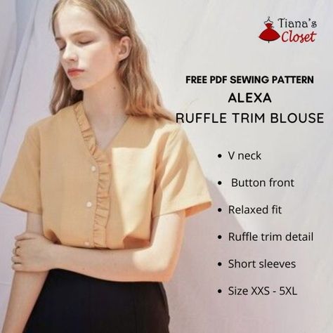 Alexa ruffle trim blouse pdf sewing pattern Blouse Pdf Sewing Pattern, Modern Blouse Pattern, Tina's Closet Sewing Patterns, Long Sleeve Top Sewing Pattern Free, Blouse Sewing Pattern Free, Free Top Sewing Pattern, Blouse Pattern Free, Paper To Print, Raglan Sleeve Pattern