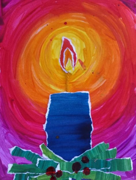 Elementary art project creating a glowing light with candle and greenery. Kindergarten Art Christmas Projects, Advent Art Projects For Middle School, Candle Art Project For Kids, Pointsetta Art For Kids, Jr High Christmas Art Projects, Christmas Art Show Ideas, Christmas School Art Projects, Christmas Art For 5th Grade, Elementary Christmas Art Lessons