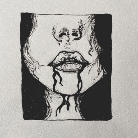 graphic pen sketch of a girl bleeding through her mouth. Drawing Ideas Gothic Art, Dark Outline Drawing, Gothic Tattoo Sketch, Gothic Sketches Drawing, Gothic Art Sketch, Black Pen Drawing Aesthetic, Y2k Art Grunge, Gothic Drawings Creepy Dark Art, Messy Pen Art