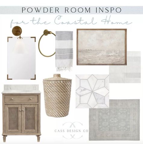 Costal Living Bathrooms, Bathroom Decor Coastal Style, Coastal Calm Bathroom, Transitional Coastal Bathroom, Beach House Powder Room Ideas, Coastal Marble Bathroom, Coastal Modern Powder Room, Powder Room Mood Board Inspiration, Coastal Cottage Powder Room