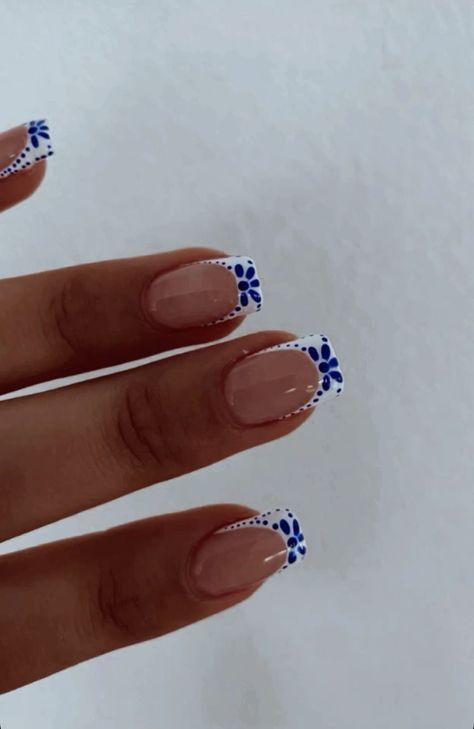 Nail Art Designs Blue French Tips, Short Square Nail Designs French Tip, Nails For Lanzarote, Baby Blue Biab Nails, Blue French Tip With Pearls, Simple Biab Nail Designs, Summer Nails Blue French Tips, Holiday Inspo Nails, Hawaii Inspired Nails Short