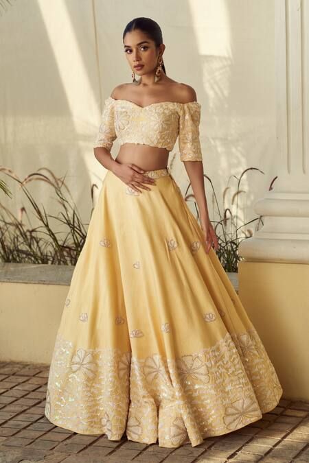 Buy Yellow Falling Raw Silk Embroidery Off Shoulder Blouse Lehenga Set For Women by Sanjana reddy Designs Online at Aza Fashions. Off Shoulder Lengha Blouse, Off Shoulder Blouse For Lehenga, Off Shoulder Blouse Lehenga, Lemon Yellow Blouse, Off Shoulder Lehenga, Lehenga Yellow, Saree Bride, Raw Silk Embroidery, Lengha Blouse Designs