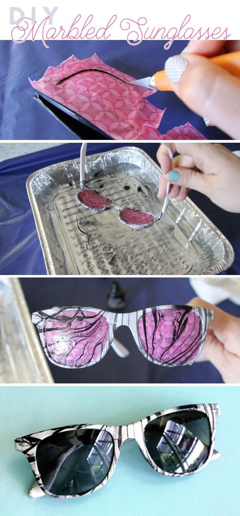 DIY Marbled Sunglasses - learn how to create your own custom marbled sunglasses Custom Sunglasses Diy, Decorate Sunglasses, Paint Sunglasses, Sunglasses Craft, Nail Polish Marbling, Sunglasses Party Favor, Diy Sunglasses, Crafting Party, Leather Tassel Keychain