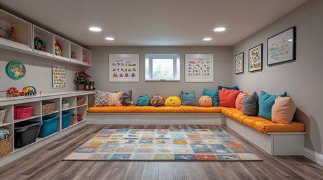 8 Basement Playroom Ideas: Designing a Kid-Friendly Basement Playroom - Basements Plus Basement Family Playroom, Kid Friendly Basement Ideas, Basement Playroom Design, Basement Playroom Ideas Family Room, Play Area Basement, Basement For Kids, Kids Basement Playroom, Unfinished Basement Playroom, Basement Play Area