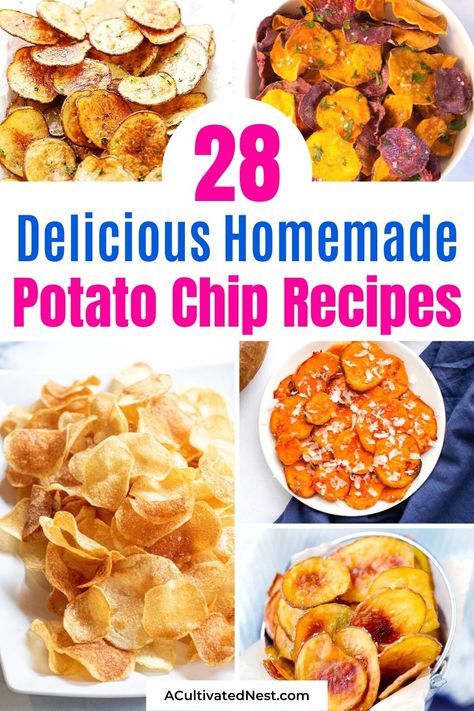 28 Delicious Homemade Potato Chip Recipes- Did you know that it's really easy to make your own homemade potato chips? Here are 28 delicious recipes for you to try! | #potatoChips #recipe #homemadePotatoChips #snackRecipes #ACultivatedNest Homemade Bbq Potato Chips, Make Your Own Chips, Homemade Bbq Chips, Sun Chips Recipe, How To Make Homemade Chips, Mashed Potato Chips, Dehydrator Potato Chips, Sweet Potato Chips Dehydrator, Homemade Doritos Chips