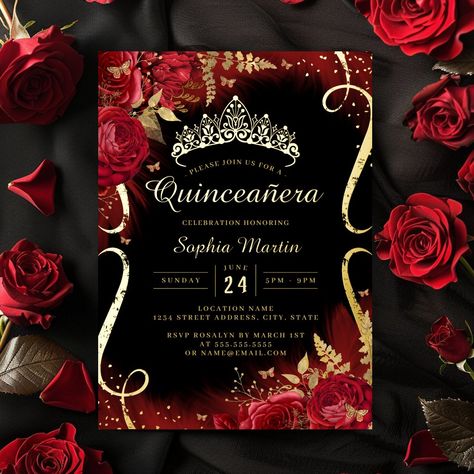 Black And Red Quinceanera Decorations, Red Black And Gold Sweet 16 Dresses, Quinceanera Red And Gold, Red Quinceanera Decor, Red Quince Decor Ideas, Dark Quince Theme, Ranchero Theme Quinceanera, Quinceanera Red And Black, Quinceanera Red And Gold Theme