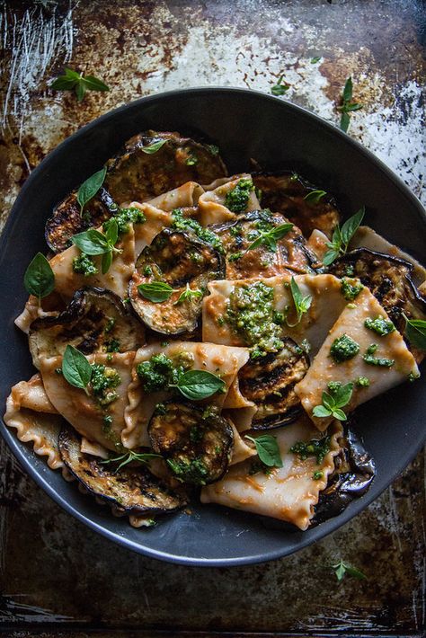 Pasta with Grilled Eggplant, Smoky Tomato Sauce and Basil Walnut Pistou - Heather Christo Walnut Pasta, Vegetarian Pasta Recipes, Pasta Fatta In Casa, Grilled Eggplant, Vegetarian Pasta, Allergy Free Recipes, Healthy Pasta Recipes, Tomato Pasta, Think Food