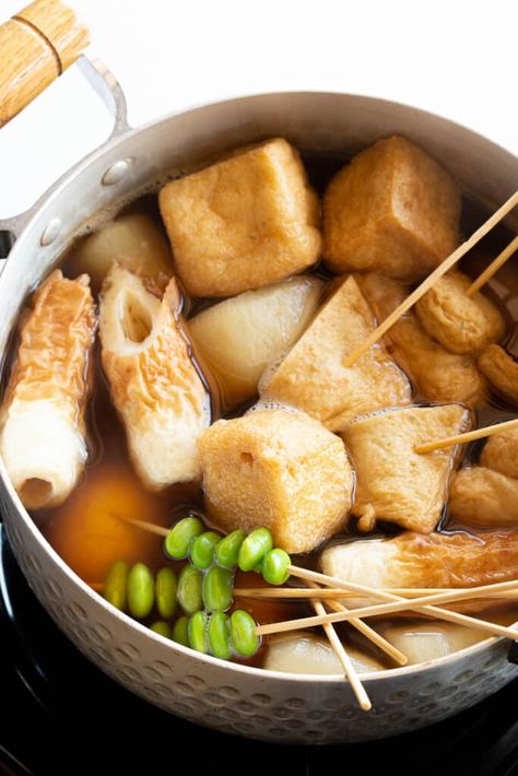 Japanese Oden - Simmered Hot Pot Recipe | Wandercooks Oden Recipe, Oden Food, Japanese Oden, One Pot Stew, Hot Pot Recipe, Squid Recipes, Fish Cakes, Diced Chicken, Fried Tofu