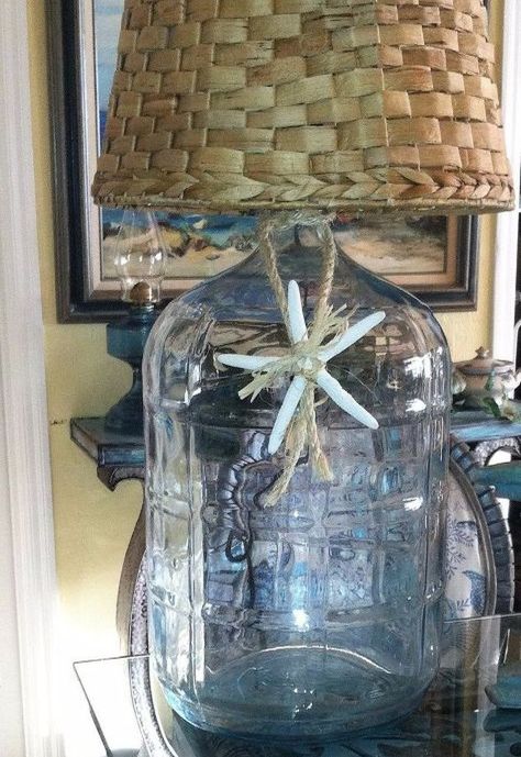 simple coastal illumination , crafts, how to, lighting, repurposing upcycling Water Jug Ideas, Glass Jugs Decor, Jug Decor, Glass Water Jug, Hamptons Decor, Gallon Water Jug, Stepping Stones Diy, Gallon Water Bottle, Simple Lamp