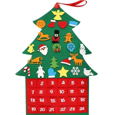 - non chocolate ideas for Christmas toddler advent calendars Xmas Countdown, Felt Advent Calendar, Fabric Advent Calendar, Christmas Tree Advent Calendar, Diy Felt Christmas Tree, Decoration Vitrine, Christmas Countdown Calendar, Felt Tree, Christmas Tree And Santa