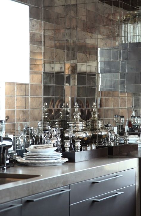 The Classic Kitchen – A Complete Source List Antique Mirror Tiles, Mirrored Tile, Beautiful Backsplash, Unique Kitchen Design, Mirror Backsplash, Tiles For Bathroom, Built In Cupboards, Kitchen Backsplash Designs, Backsplash Designs