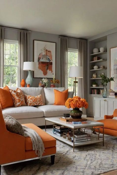 Grey And Orange Living Room, Colorful Living Room Bright, Renovation Living Room, Paint Colors 2024, Formal Lounge, Modern Paint Colors, Girly Apartment Decor, Living Room Orange, Bright Living Room