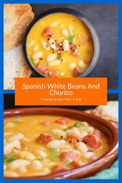 Spanish White Beans Recipe, Spanish Bean Soup, Spanish Chorizo Recipes, Chorizo And Bean Stew, Chorizo Recipes Dinner, Spicy Beans, Spanish Beans, Authentic Spanish Recipes, Spanish Chorizo