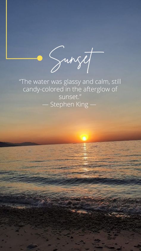 “The water was glassy and calm, still candy-colored in the afterglow of sunset.” #sunset #sunsetphotography #aesthetic #quotes #quotesoftheday #sea #beach #happy #happiness Sea Lover Quotes, Golden Hour Quotes, Sea Aesthetic Quotes, Sea Quotes, Instagram Bio Quotes, Birthday Captions, Memorable Quotes, Sunset Lover, Beach Quotes