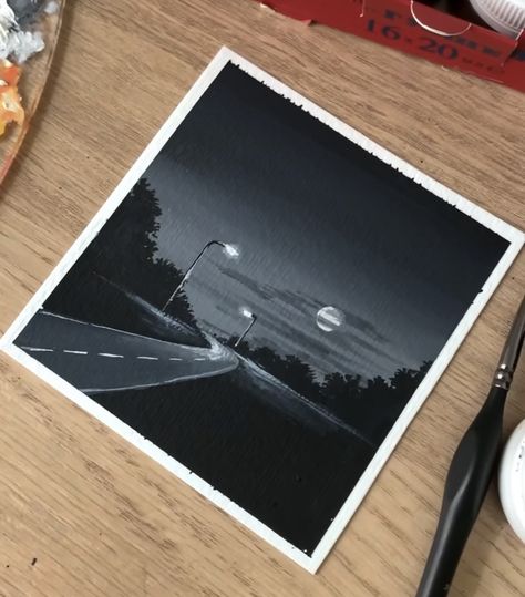 Black Scenery Painting, Black Canvas Art Ideas Inspiration, Road At Night Painting, Night Street Painting, What To Paint On A Black Canvas, Painting For Him, Weather Painting, Polaroid Painting, Black Background Painting